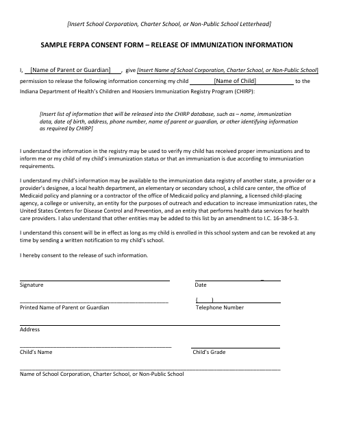 Sample Ferpa Consent Form - Release of Immunization Information - Indiana