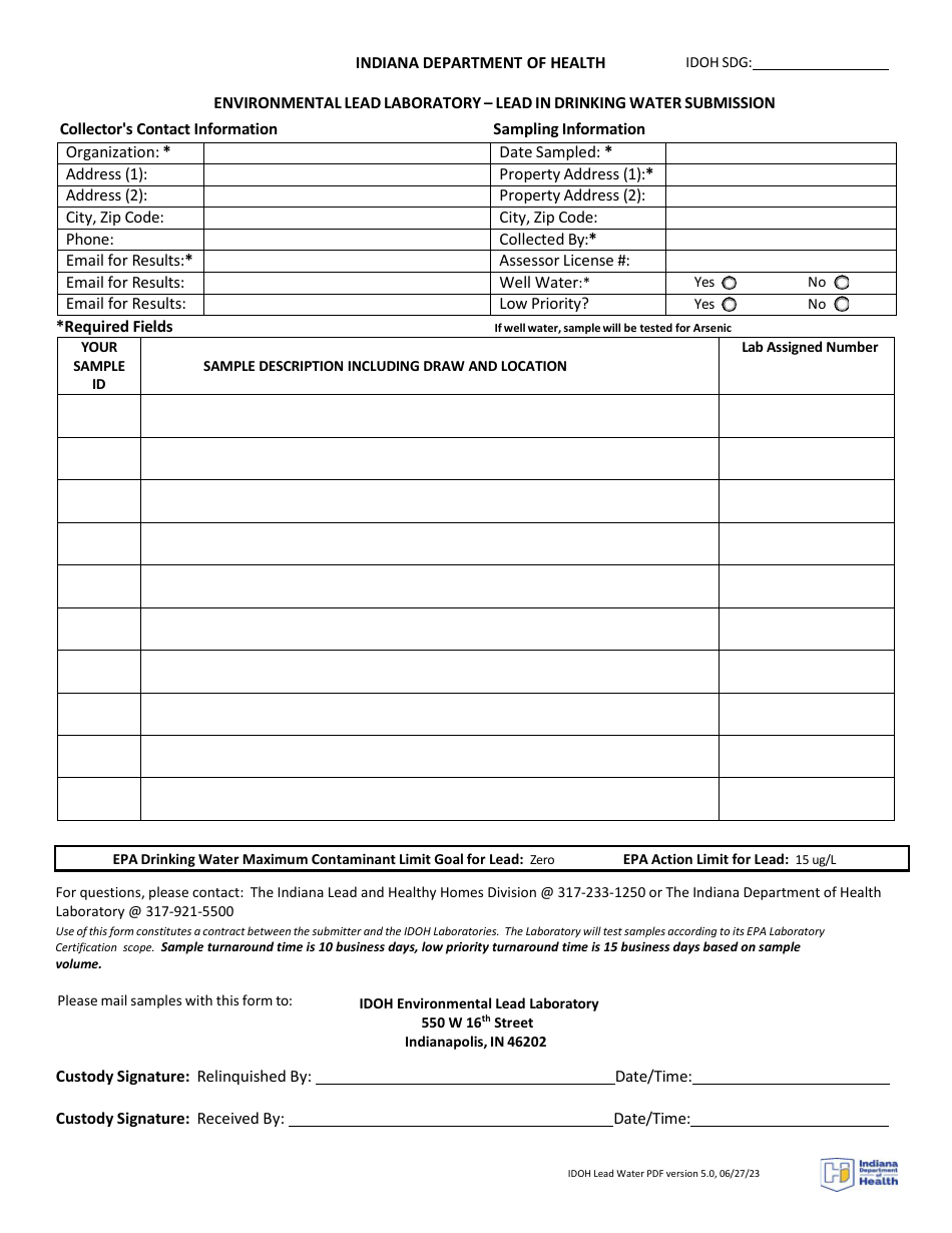 Indiana Lead in Drinking Water Submission Fill Out, Sign Online and