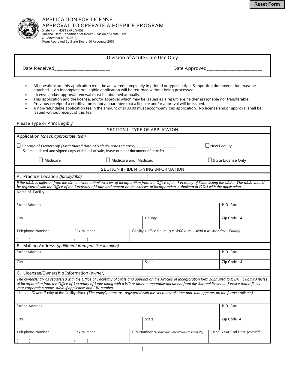State Form 43813 Application for License Approval to Operate a Hospice Program - Indiana, Page 1