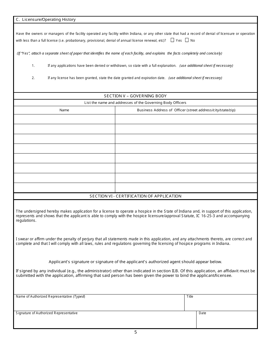 State Form 43813 Application for License Approval to Operate a Hospice Program - Indiana, Page 5