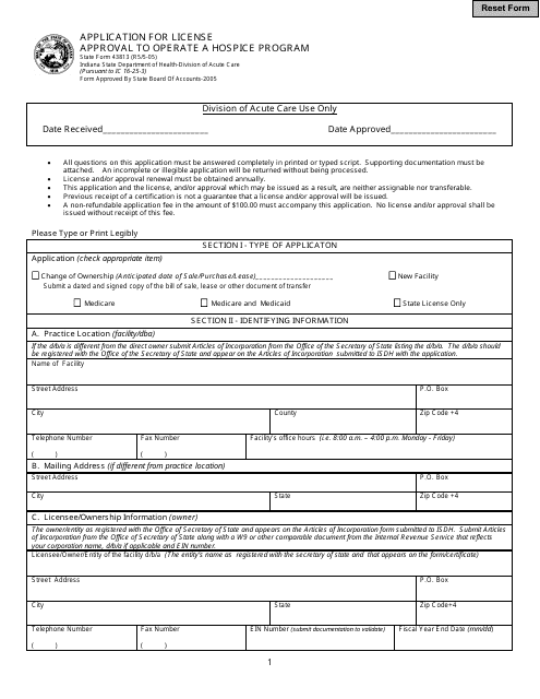 State Form 43813 Application for License Approval to Operate a Hospice Program - Indiana