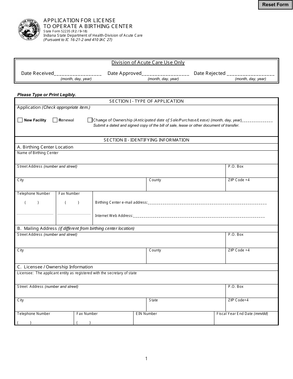 State Form 52235 Application for License to Operate a Birthing Center - Indiana, Page 1