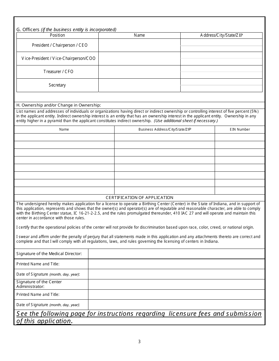State Form 52235 Application for License to Operate a Birthing Center - Indiana, Page 3