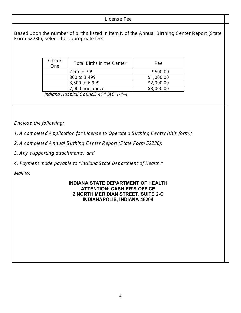 State Form 52235 Application for License to Operate a Birthing Center - Indiana, Page 4