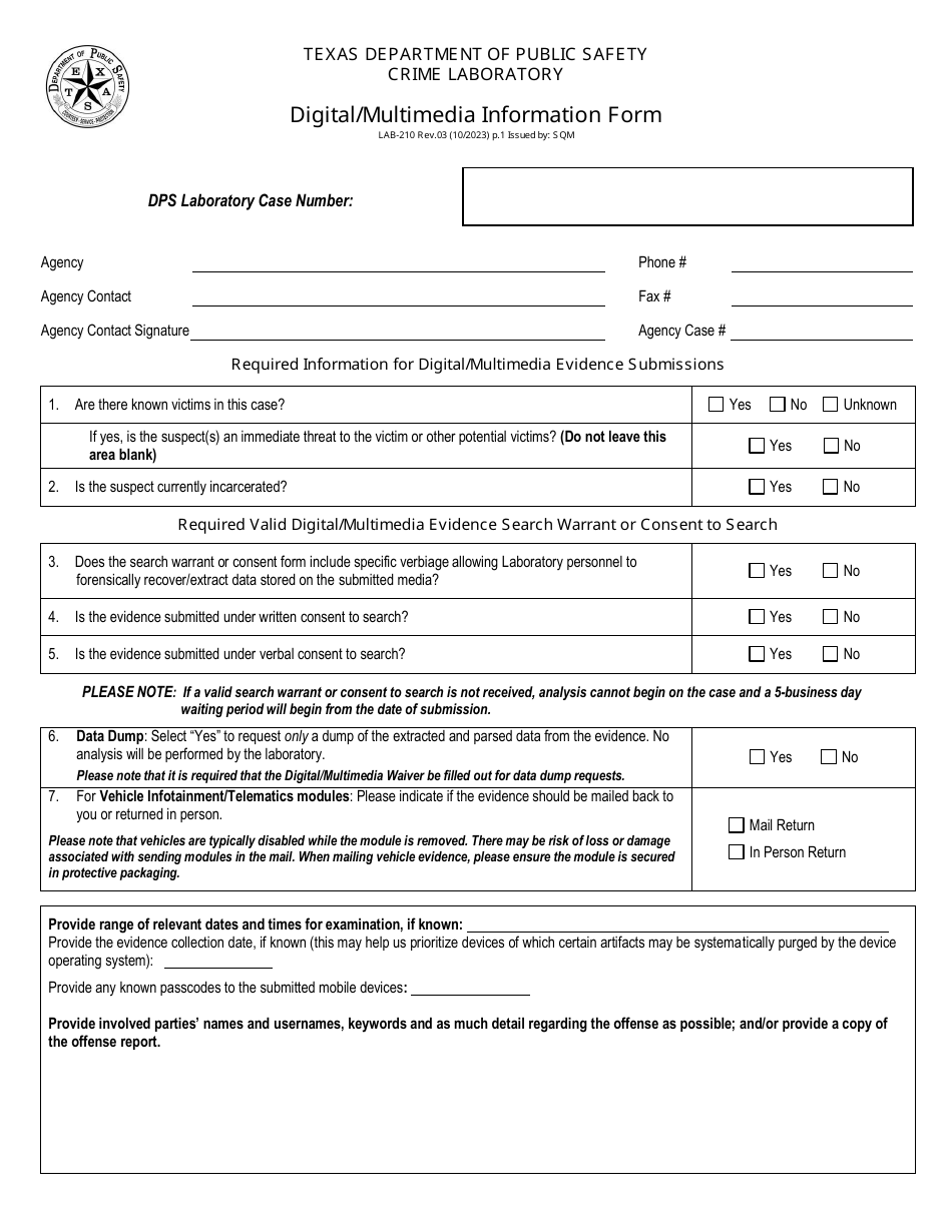 Form LAB-210 Digital / Multimedia Information Form - Texas, Page 1