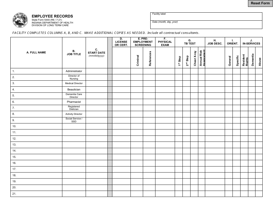 State Form 5440 Employee Records - Indiana, Page 1