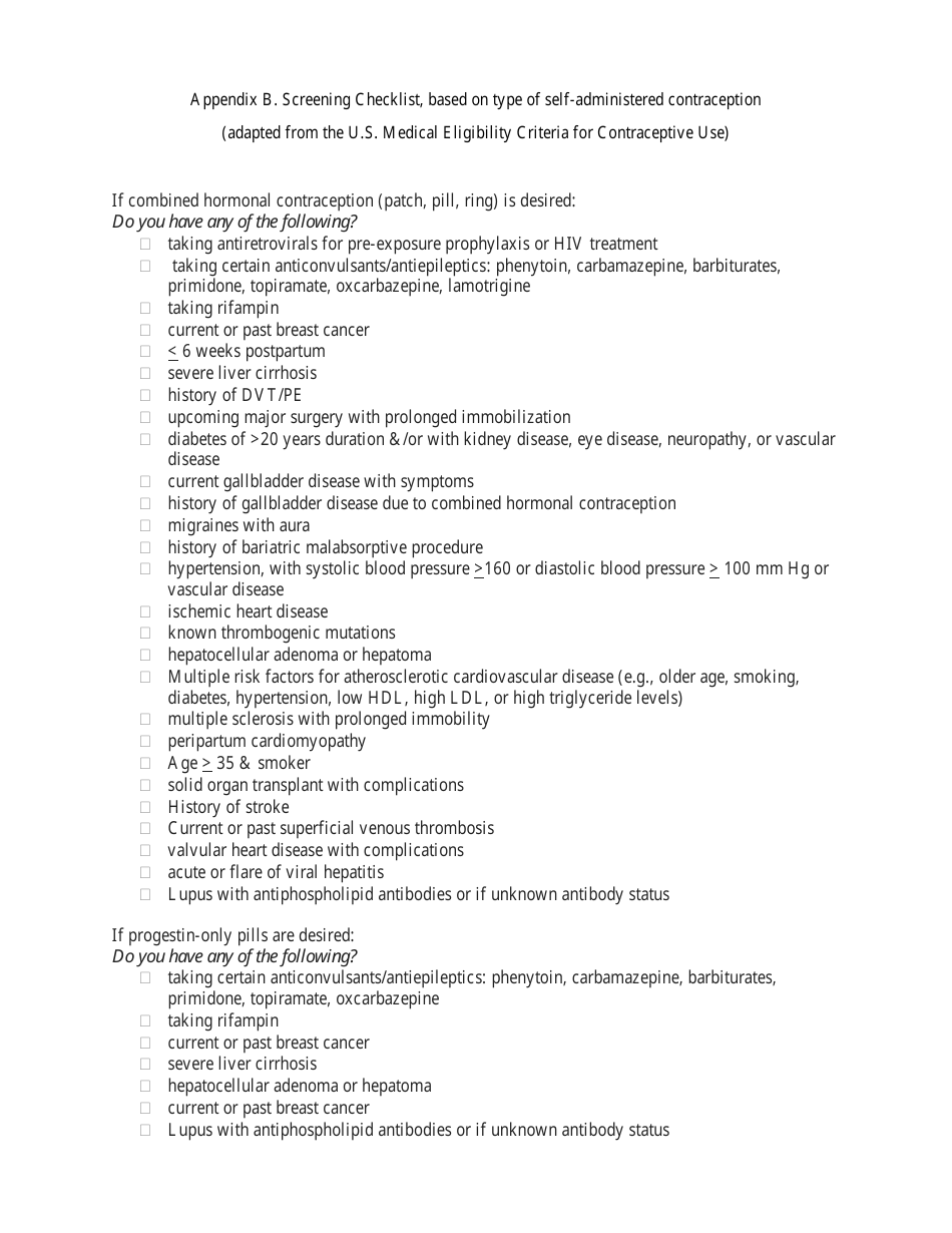 Appendix B Screening Checklist, Based on Type of Self-administered Contraception - Indiana, Page 1