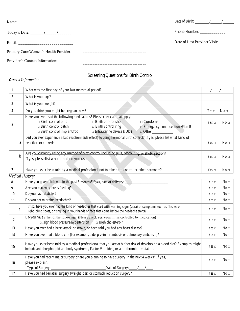 Screening Questions for Birth Control - Draft - Indiana, Page 1