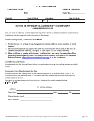 Document preview: Form 400-00837 Notice of Appearance, Answer to the Complaint and Counterclaim - With Children - Vermont