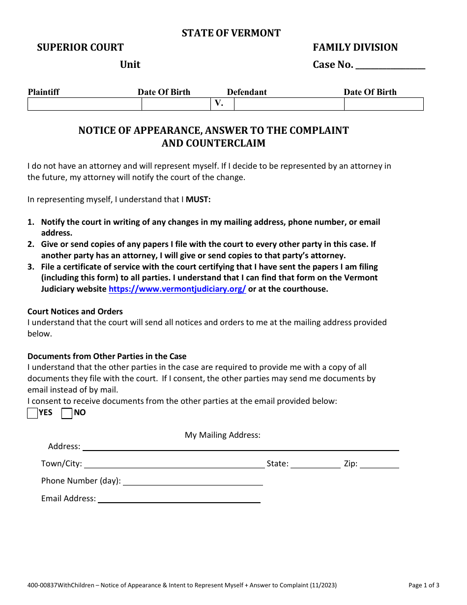 Form 400-00837 Notice of Appearance, Answer to the Complaint and Counterclaim - With Children - Vermont, Page 1