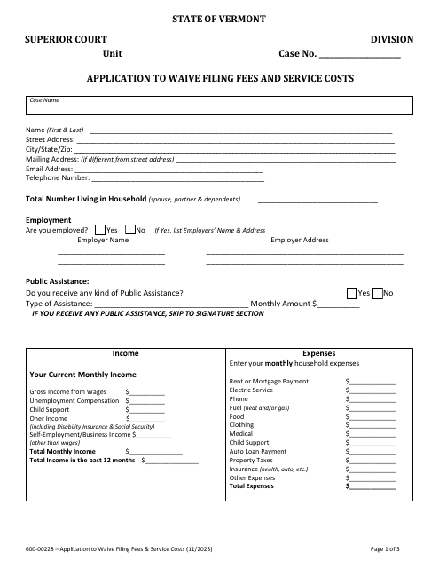 Form 600-00228 Application to Waive Filing Fees and Service Costs - Vermont