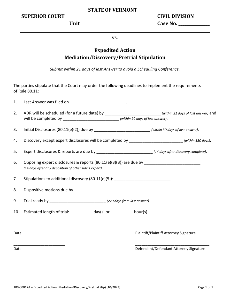 Form 100-00017A Expedited Action - Mediation / Discovery / Pretrial Stipulation - Vermont, Page 1