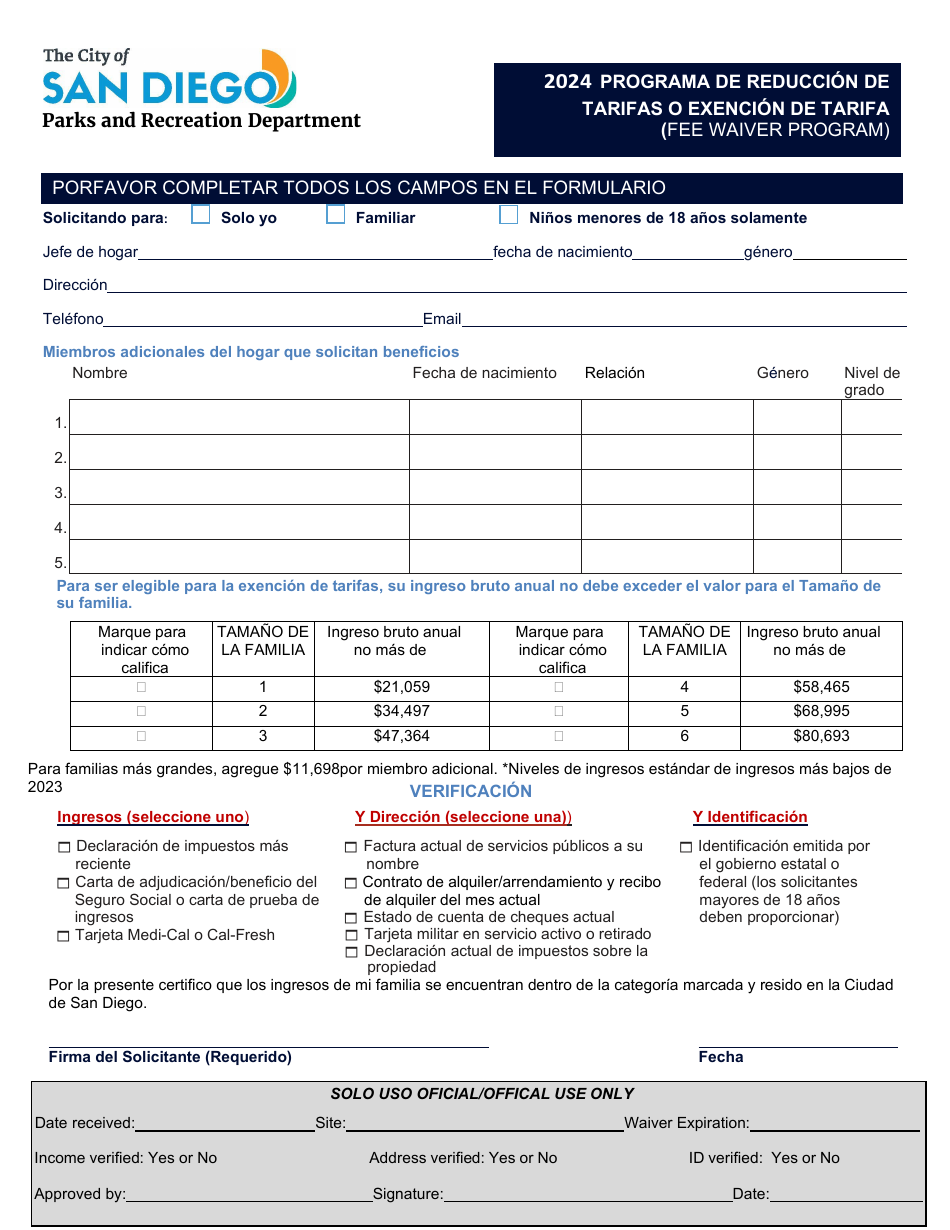 Fee Waiver Application - City of San Diego, California (English / Spanish), Page 4