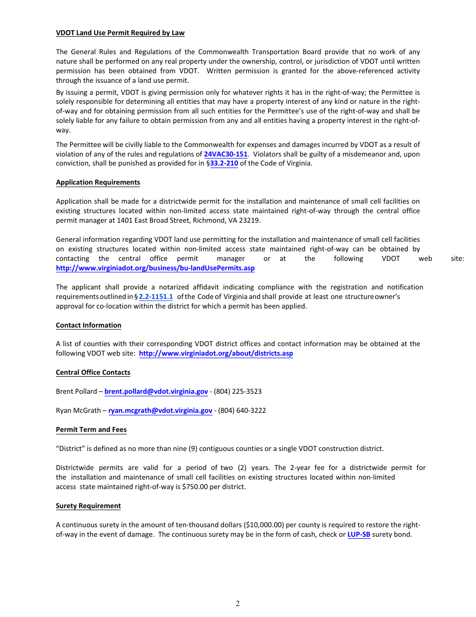Form LUP-DWSCF Land Use Permit - Districtwide Permit - Wireless Small Cell Facilities - Virginia, Page 2