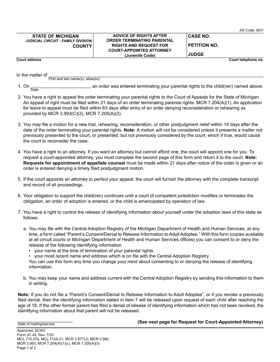 Form JC44 Advice of Rights After Order Terminating Parental Rights and Request for Court-Appointed Attorney (Juvenile Code) - Michigan, Page 1