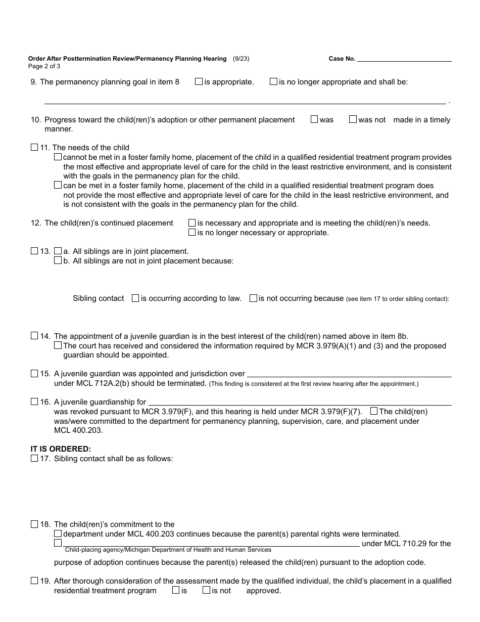 Form JC76 Order After Posttermination Review / Permanency Planning Hearing (Child Protective Proceedings) - Michigan, Page 2