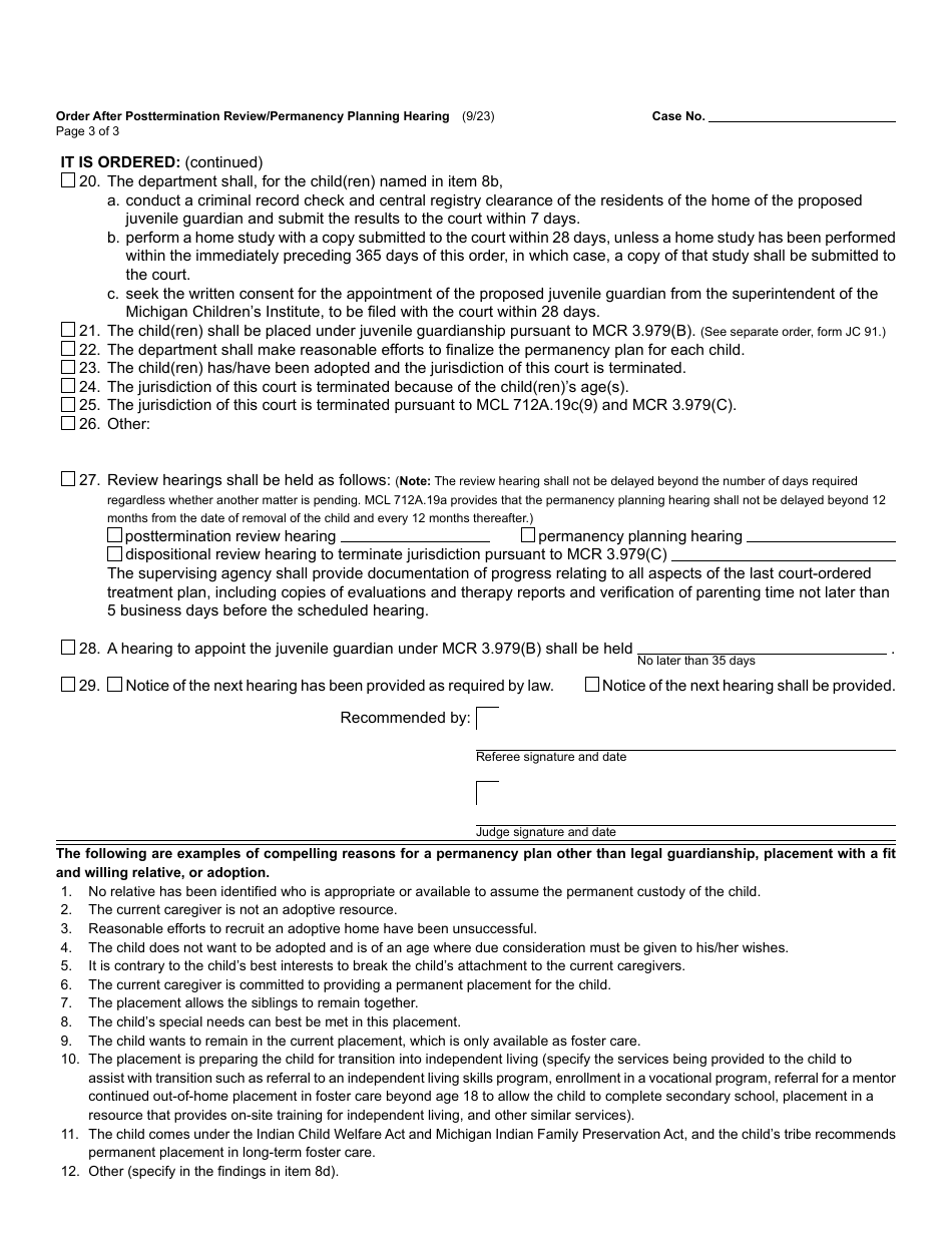 Form JC76 Order After Posttermination Review / Permanency Planning Hearing (Child Protective Proceedings) - Michigan, Page 3