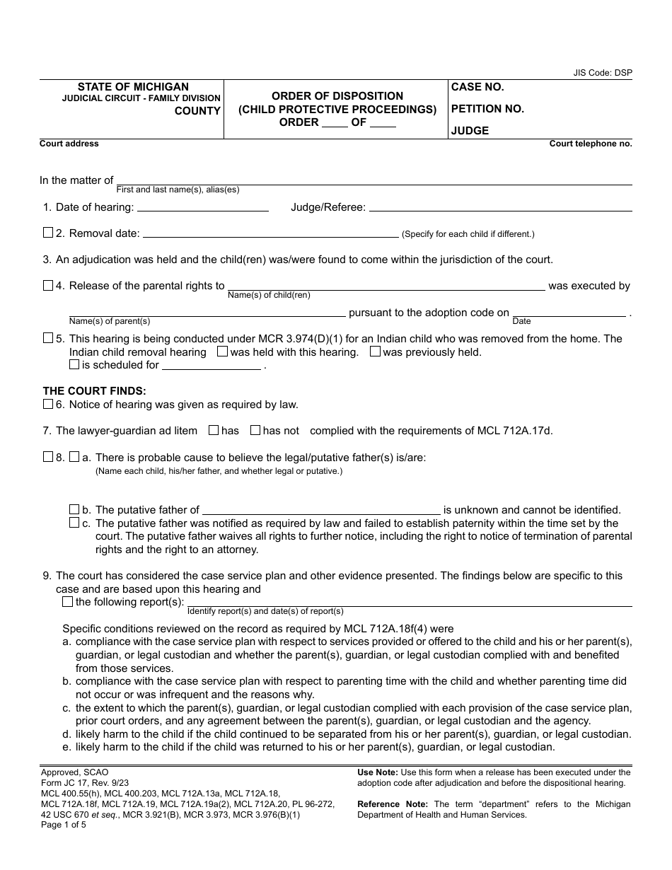 Form JC17 Download Fillable PDF or Fill Online Order of Disposition ...