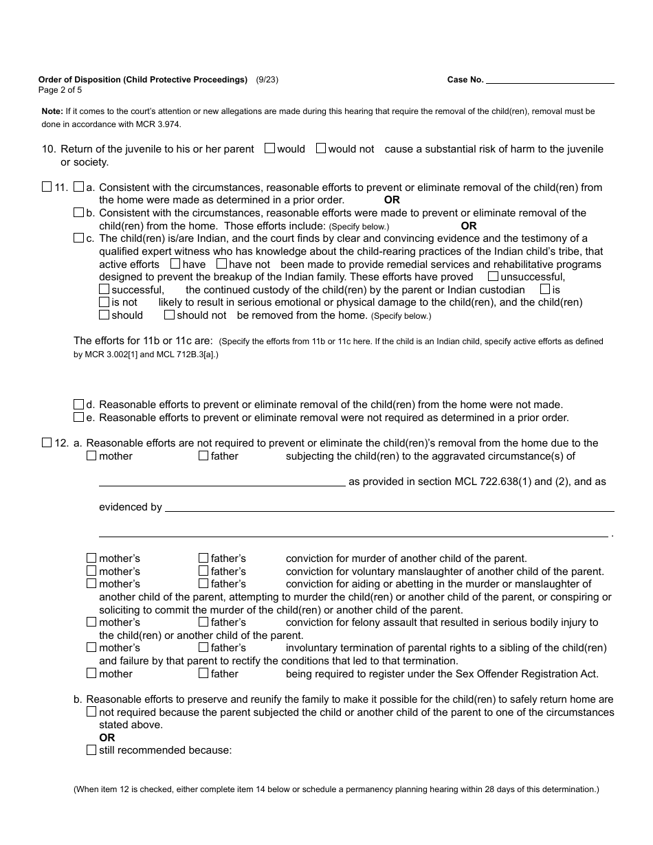 Form JC17 Order of Disposition (Child Protective Proceedings) - Michigan, Page 2