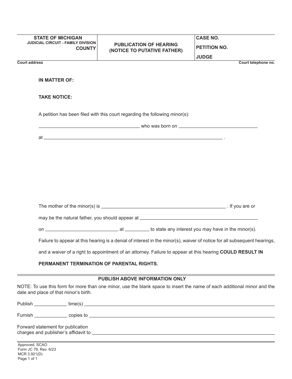 Form JC79 Publication of Hearing (Notice to Putative Father) - Michigan, Page 1