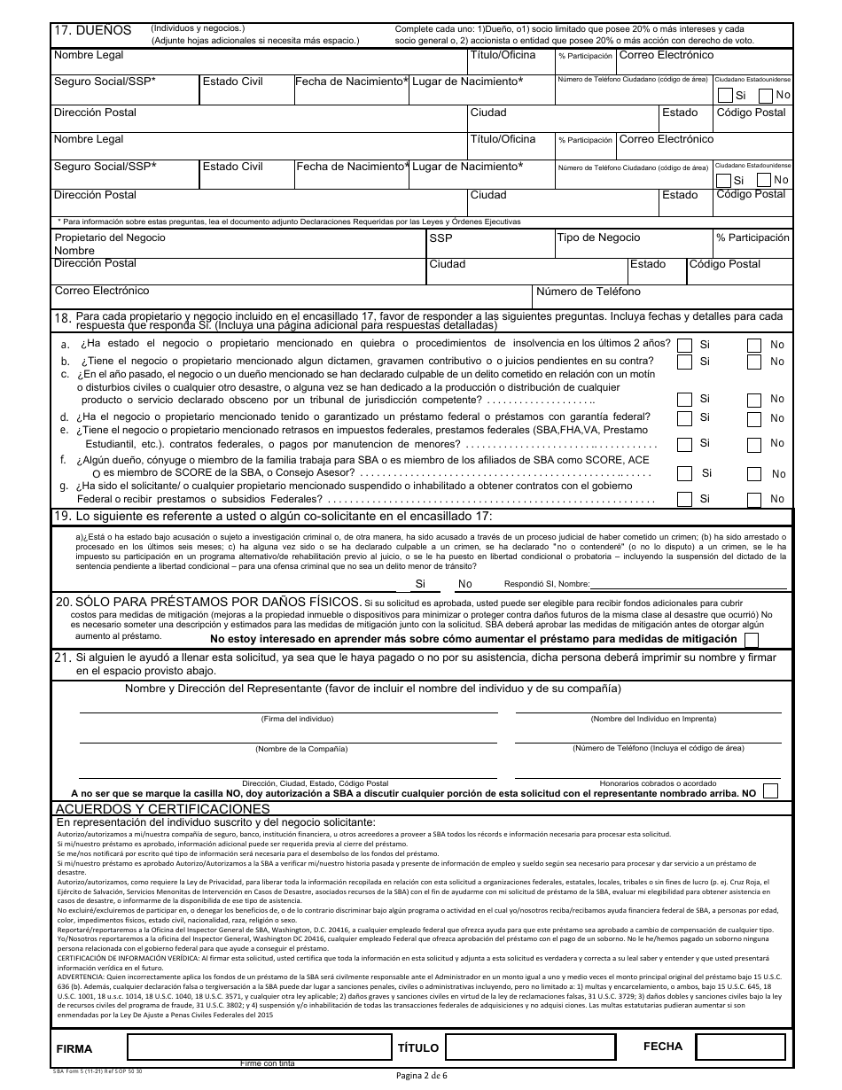 SBA Formulario 5 Solicitud De Prestamo Para Negocio Por Desastre (Spanish), Page 2