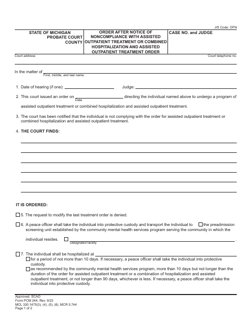 Form PCM244 Order After Notice of Noncompliance With Assisted Outpatient Treatment or Combined Hospitalization and Assisted Outpatient Treatment Order - Michigan