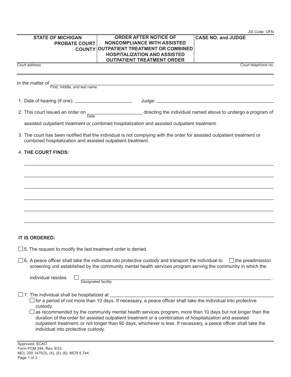 Form PCM244 Order After Notice of Noncompliance With Assisted Outpatient Treatment or Combined Hospitalization and Assisted Outpatient Treatment Order - Michigan, Page 1