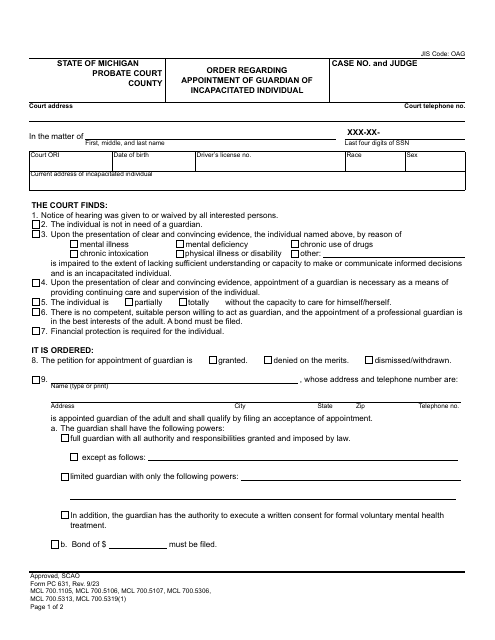 Form PC631 Order Regarding Appointment of Guardian of Incapacitated Individual - Michigan