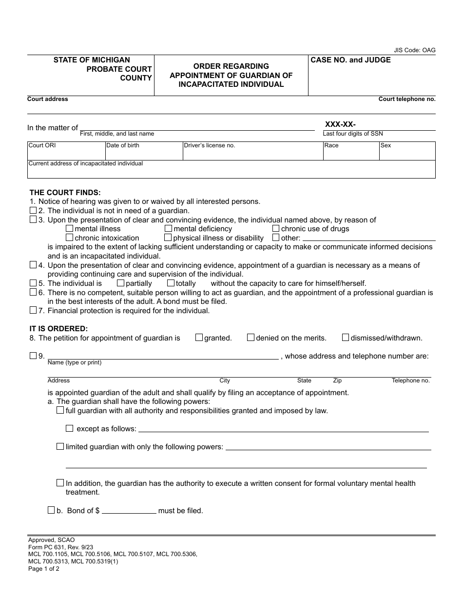 Form PC631 Order Regarding Appointment of Guardian of Incapacitated Individual - Michigan, Page 1