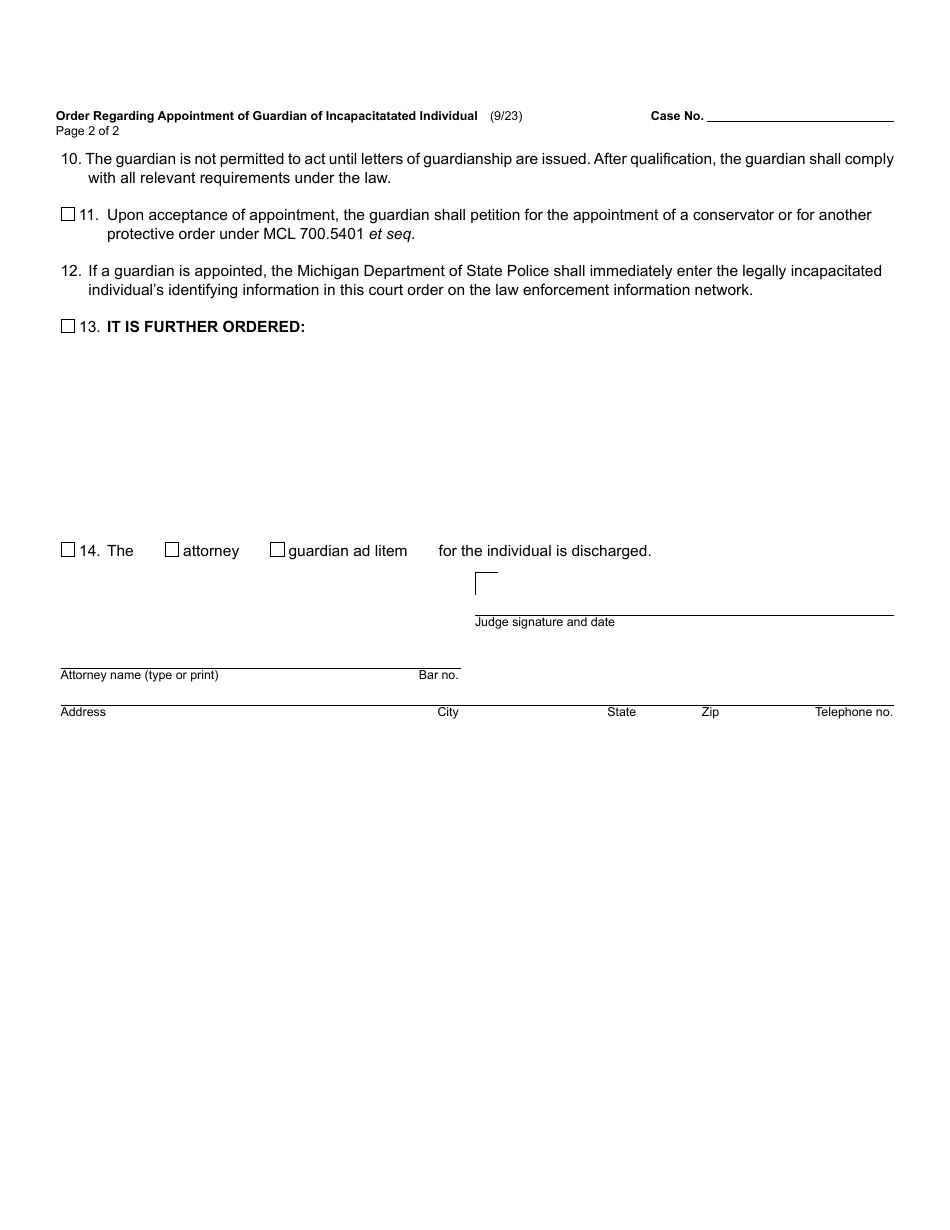 Form PC631 Order Regarding Appointment of Guardian of Incapacitated Individual - Michigan, Page 2