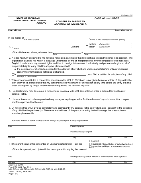 Form PCA308-I Consent by Parent to Adoption of Indian Child - Michigan
