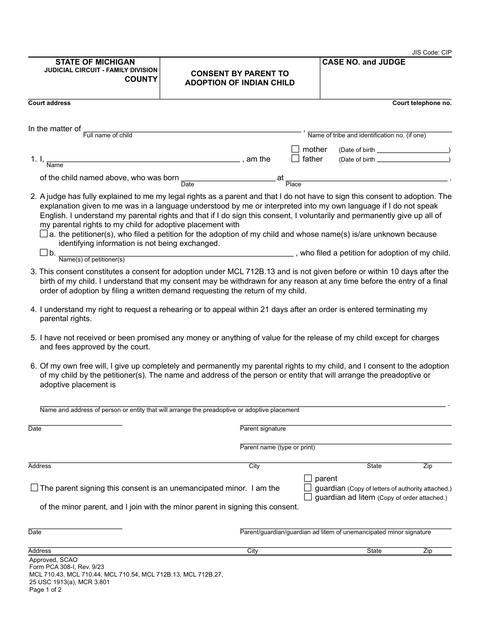 Form PCA308-I Consent by Parent to Adoption of Indian Child - Michigan, Page 1