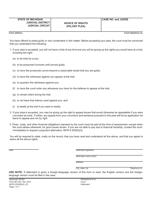 Form MC291 Advice of Rights (Felony Plea) - Michigan