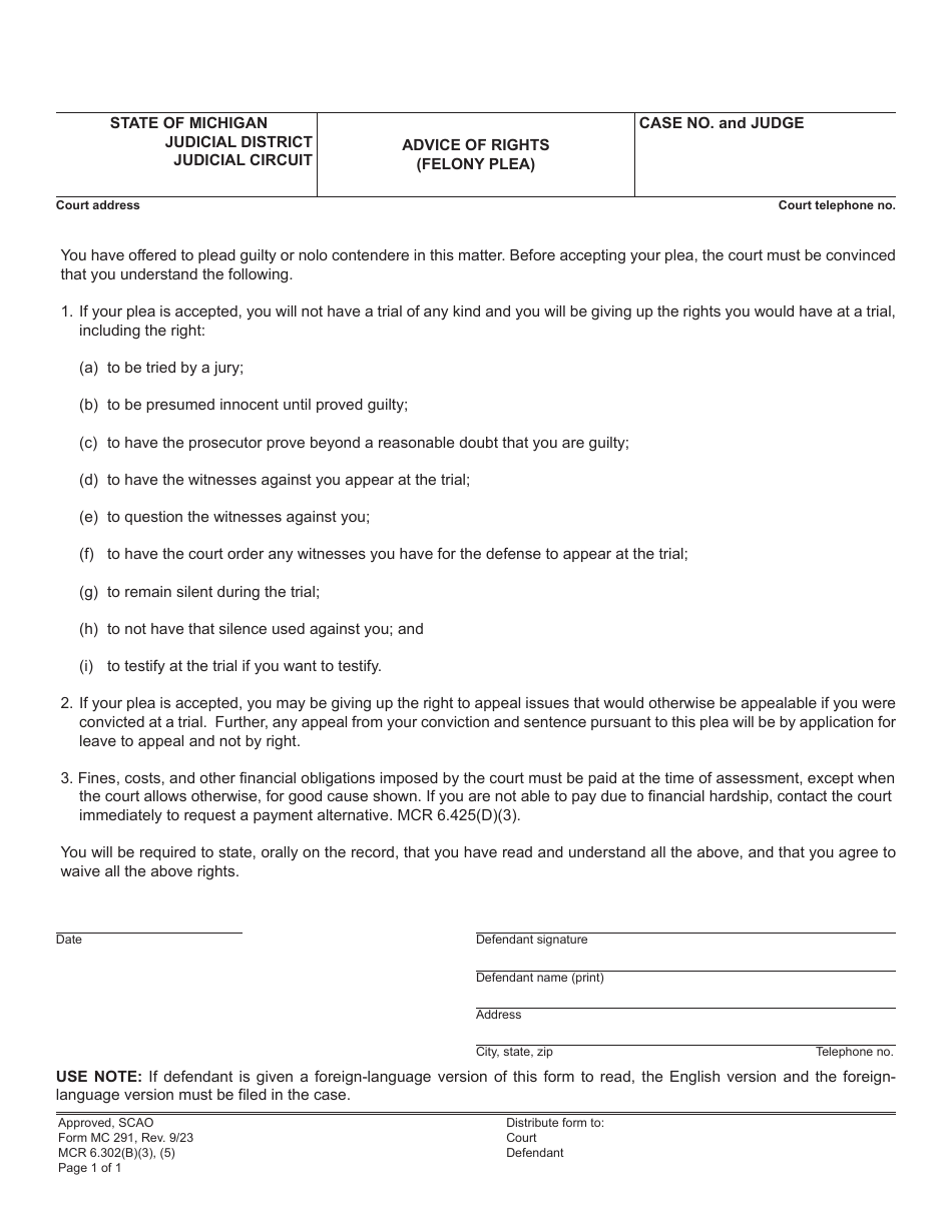 Form MC291 Advice of Rights (Felony Plea) - Michigan, Page 1