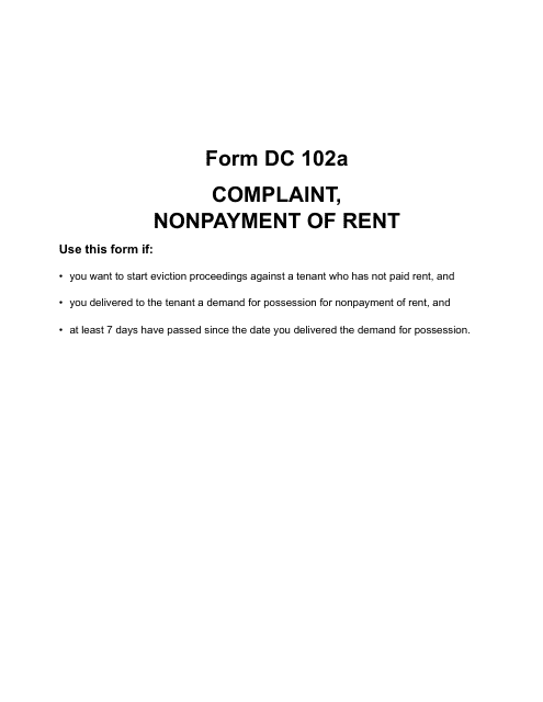 Form DC102A Complaint - Nonpayment of Rent - Landlord-Tenant - Michigan