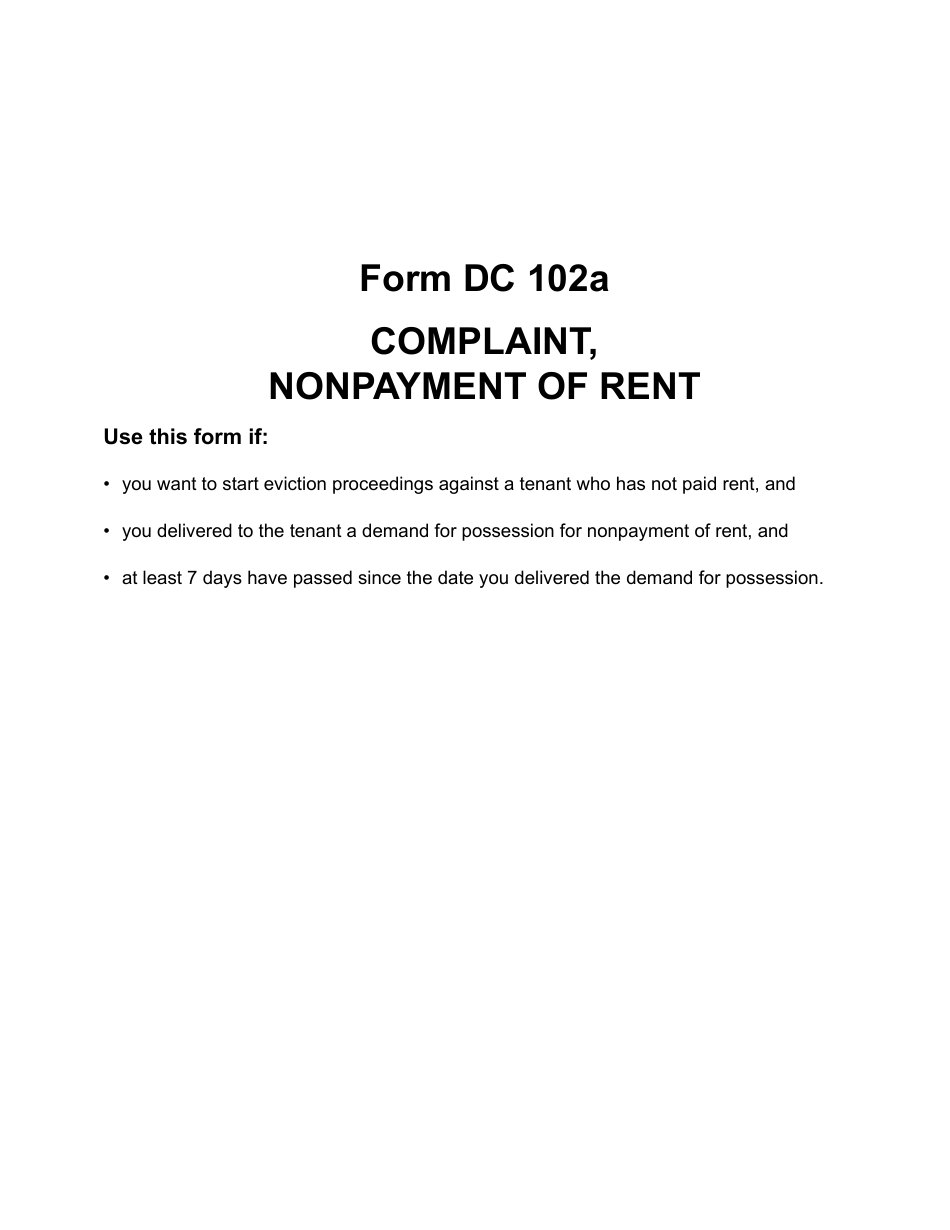 Form DC102A Complaint - Nonpayment of Rent - Landlord-Tenant - Michigan, Page 1