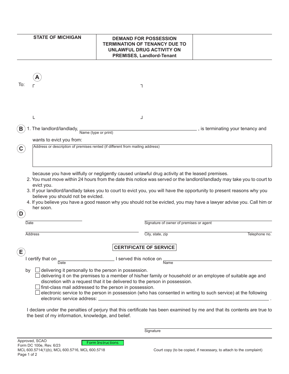 Form DC100E Download Fillable PDF or Fill Online Demand for Possession ...