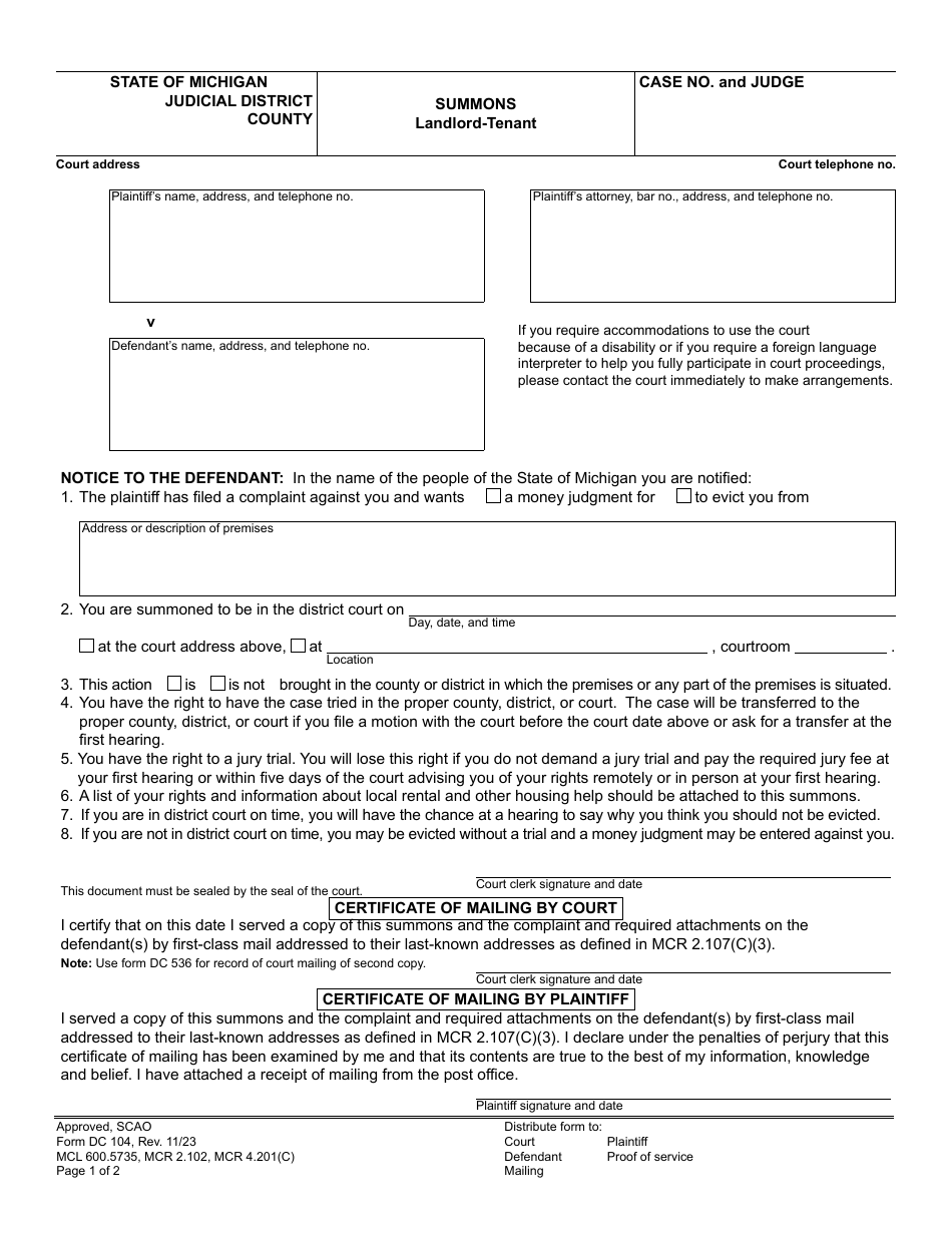 Form DC104 Summons - Landlord-Tenant - Michigan, Page 1