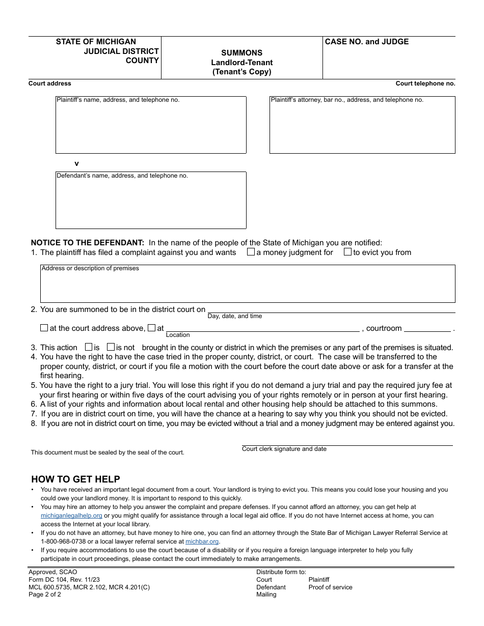 Form DC104 Summons - Landlord-Tenant - Michigan, Page 2