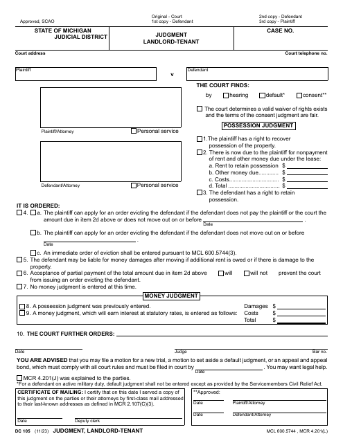 Form DC105 Judgment - Landlord-Tenant - Michigan