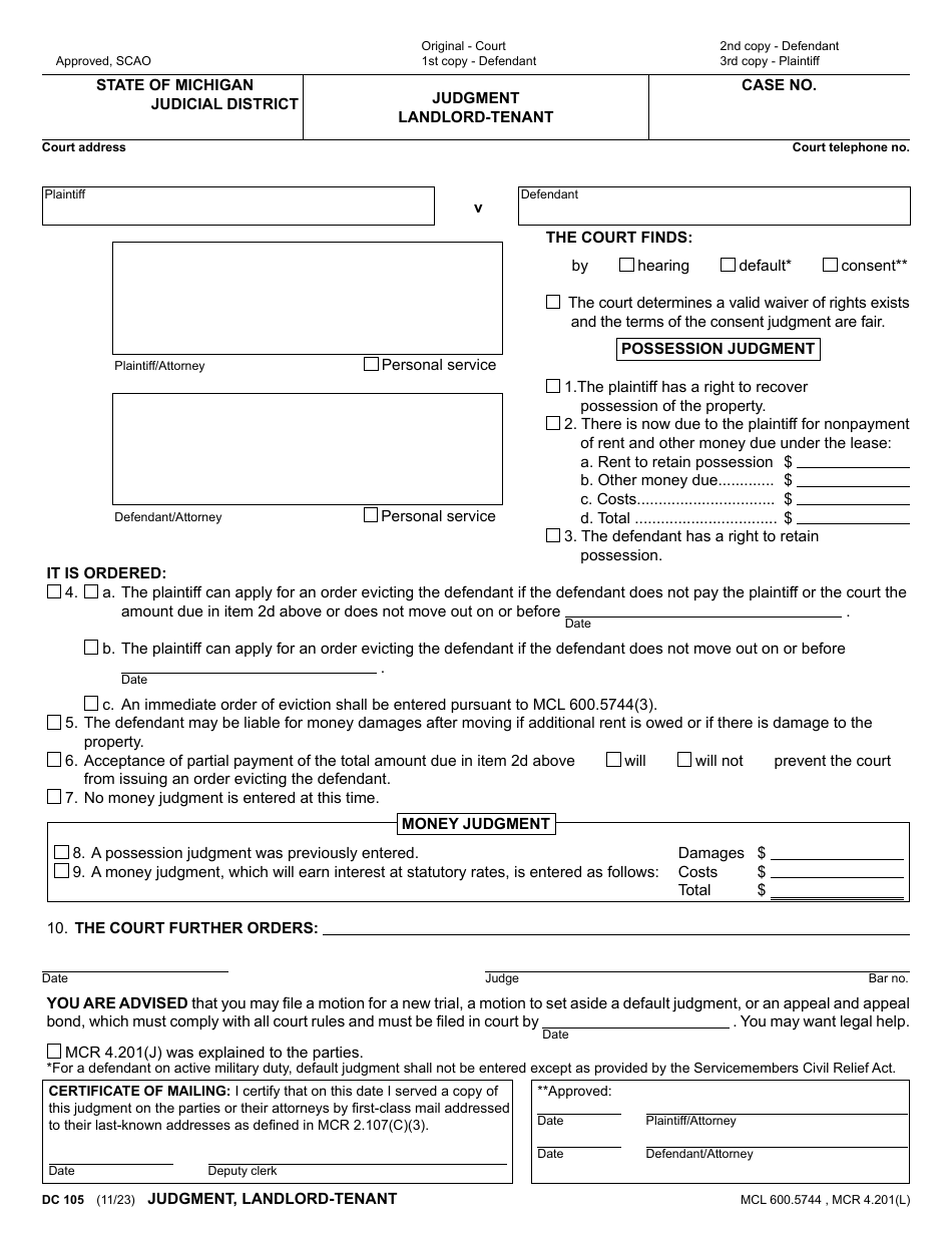 Form DC105 Judgment - Landlord-Tenant - Michigan, Page 1