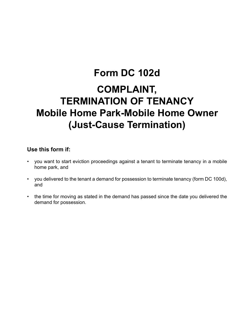 Form DC102D Complaint, Termination of Tenancy Mobile Home Park-Mobile Home Owner (Just-Cause Termination) - Michigan, Page 1