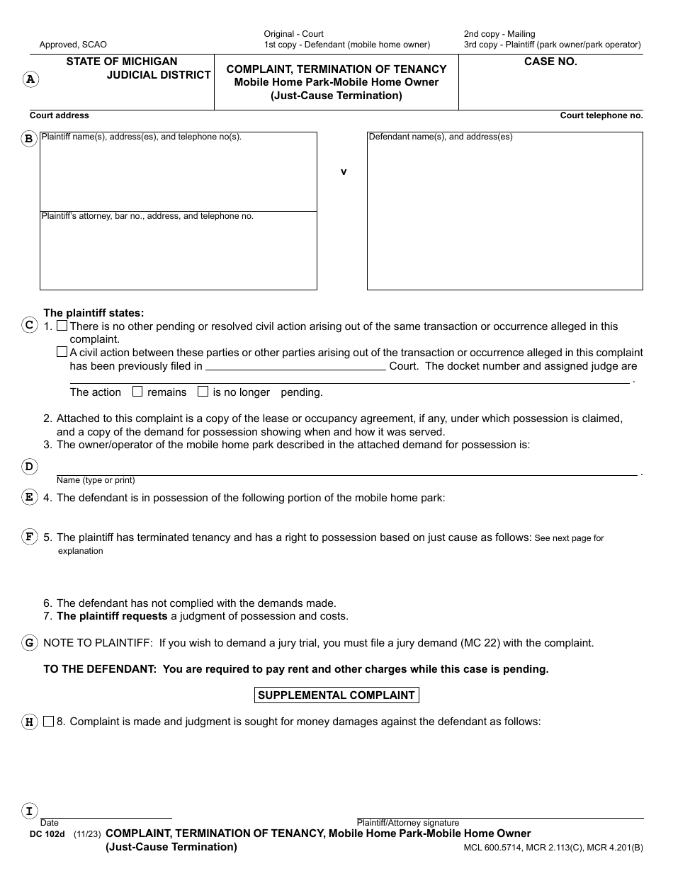 Form DC102D Download Fillable PDF or Fill Online Complaint, Termination ...