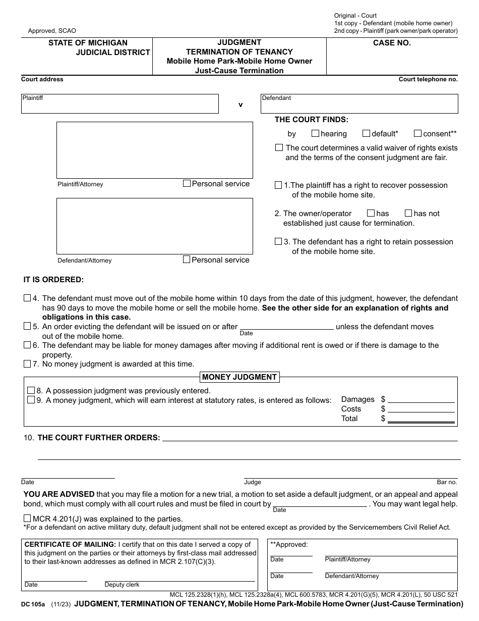 Form DC105A Download Fillable PDF or Fill Online Judgment - Termination ...