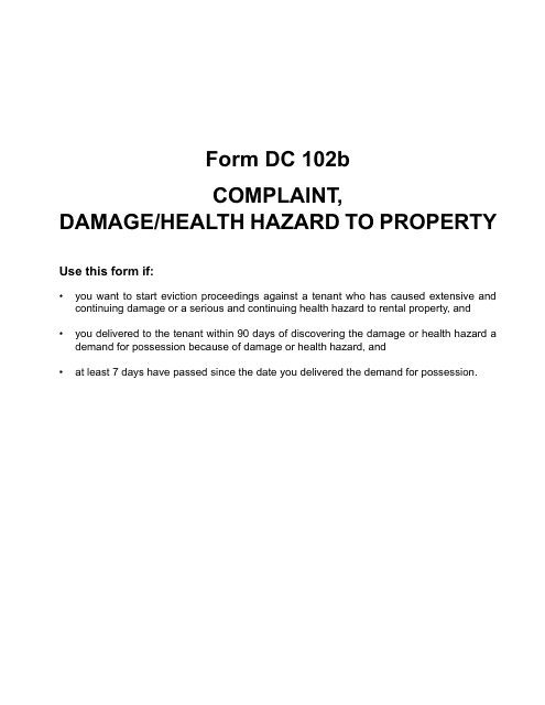 Form DC102B Complaint - Damage/Health Hazard to Property - Landlord-Tenant - Michigan