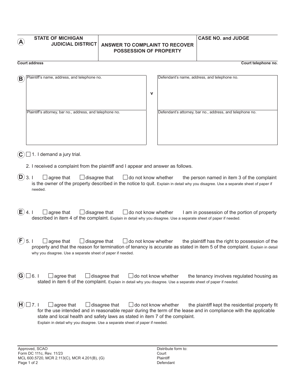 Form DC111C Answer to Complaint to Recover Possession of Property - Michigan, Page 1