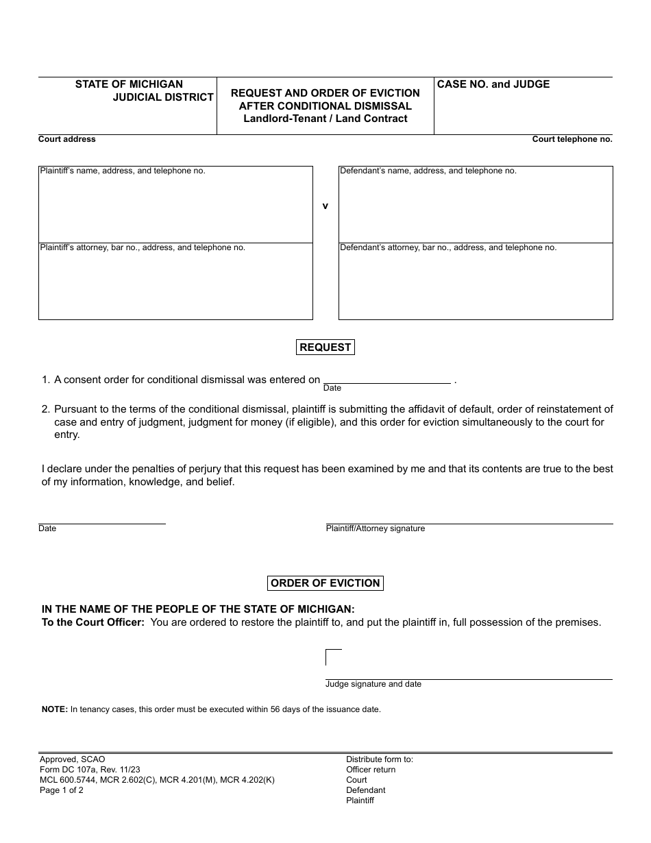 Form DC107A Request and Order of Eviction After Conditional Dismissal - Landlord-Tenant / Land Contract - Michigan, Page 1