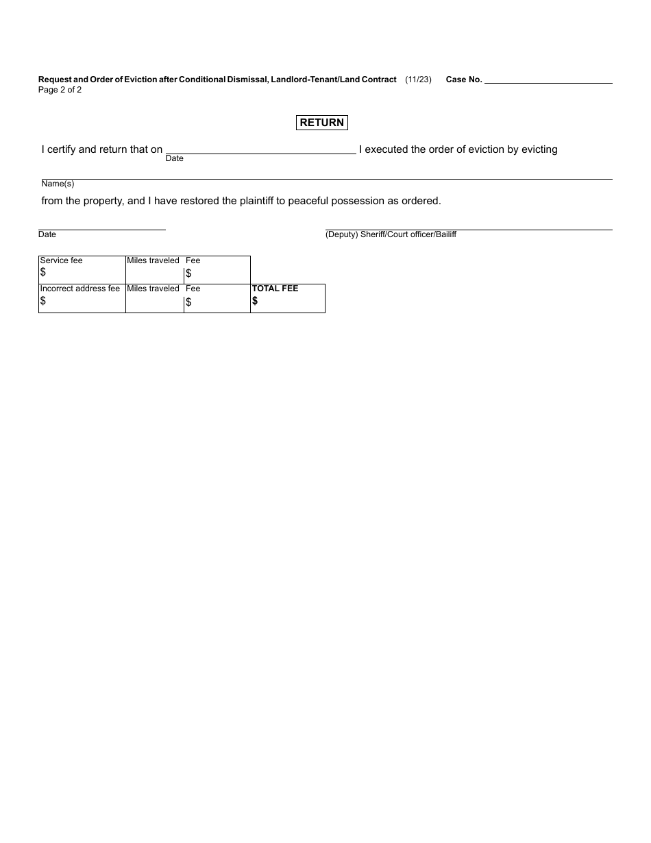 Form DC107A Request and Order of Eviction After Conditional Dismissal - Landlord-Tenant / Land Contract - Michigan, Page 2