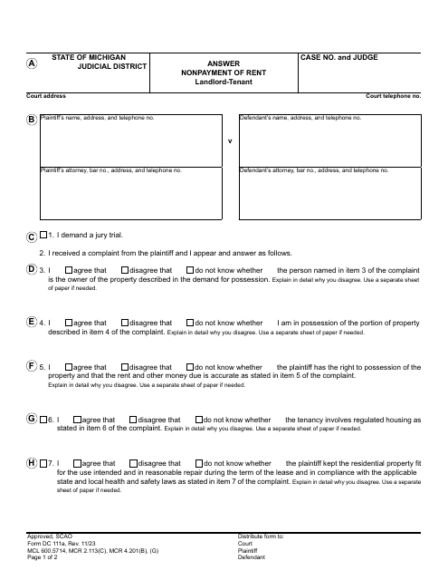 Form DC111A Answer - Nonpayment of Rent - Landlord-Tenant - Michigan