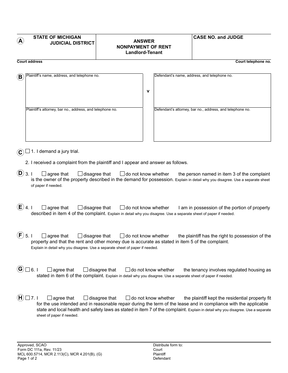Form DC111A Answer - Nonpayment of Rent - Landlord-Tenant - Michigan, Page 1